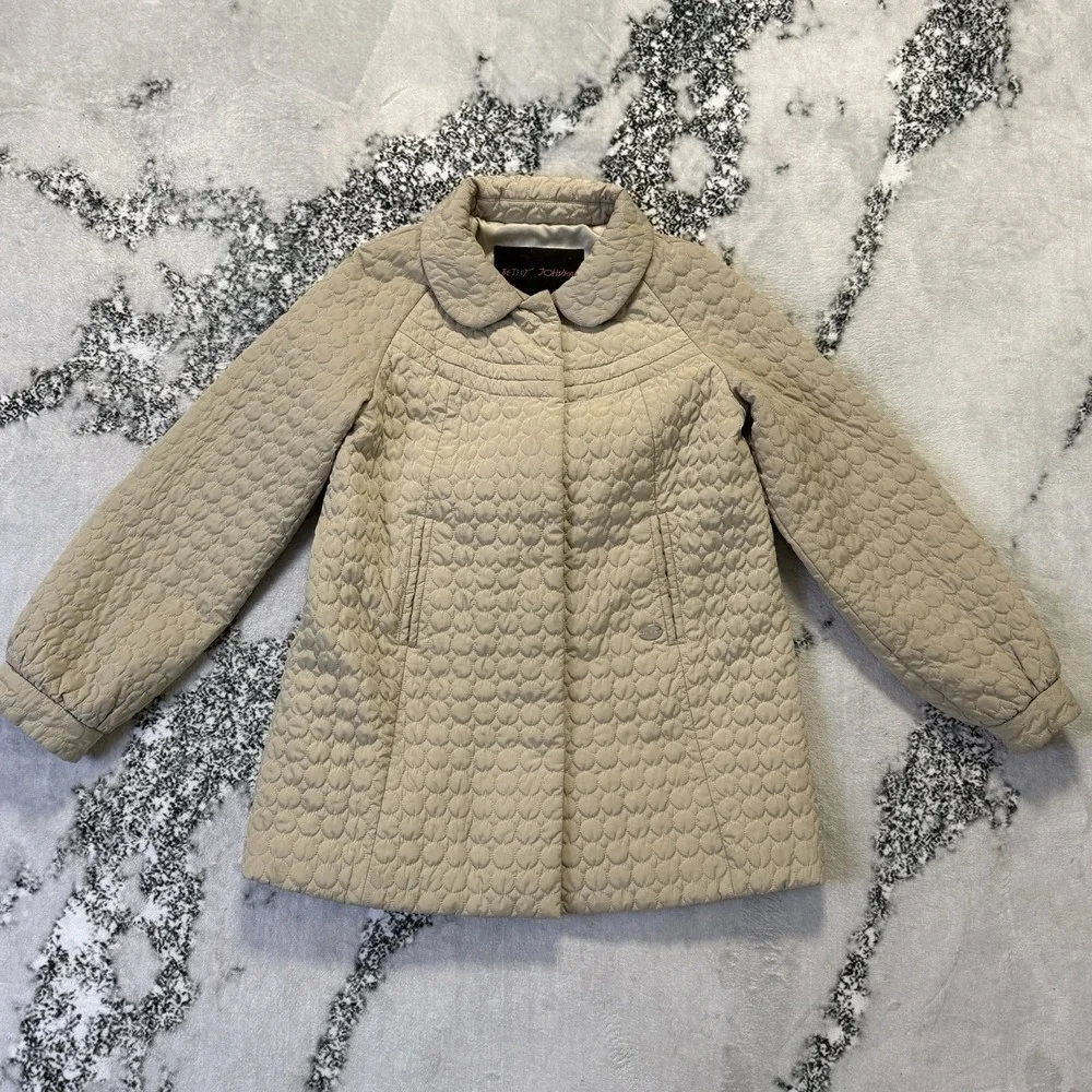 Betsey Johnson Coat Womens Size M Beige Quilted Puffer Back Bow Detail Polyester